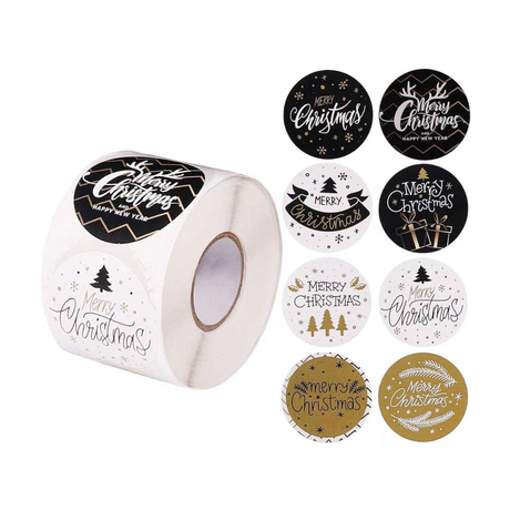 1" Merry Christmas Round Sticker | 8 Style - 500 Pcs (1 Roll)