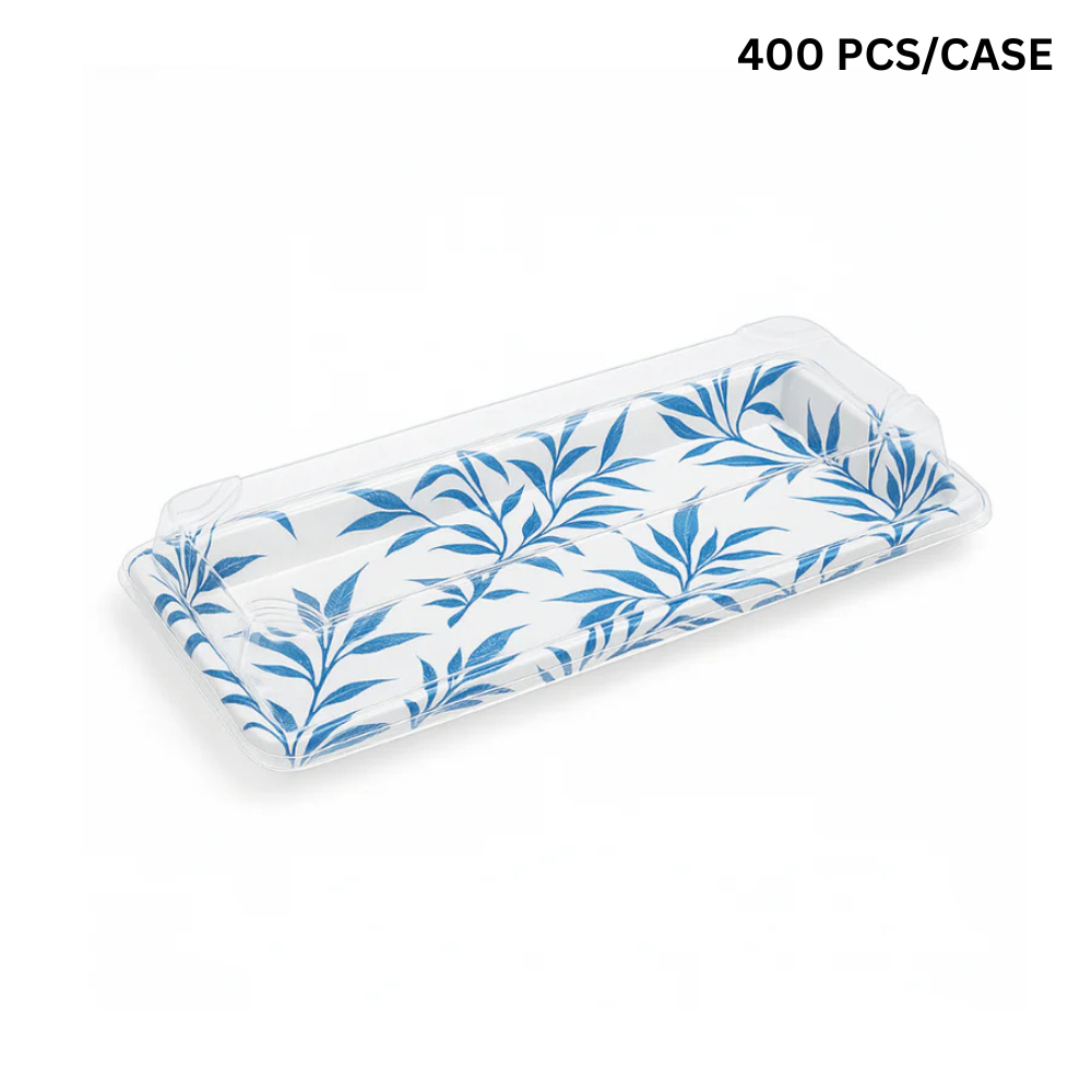 WP-02 | PET Blue Maple Pattern Sushi Tray W/ Lid | 8.66x3.54x1.77"
