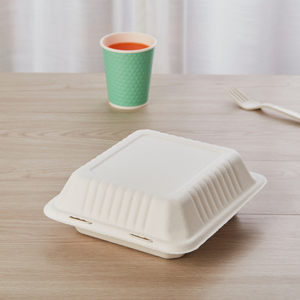 HD-B036 | Sugarcane Clamshell Food Container | 8x8x3" - on the table