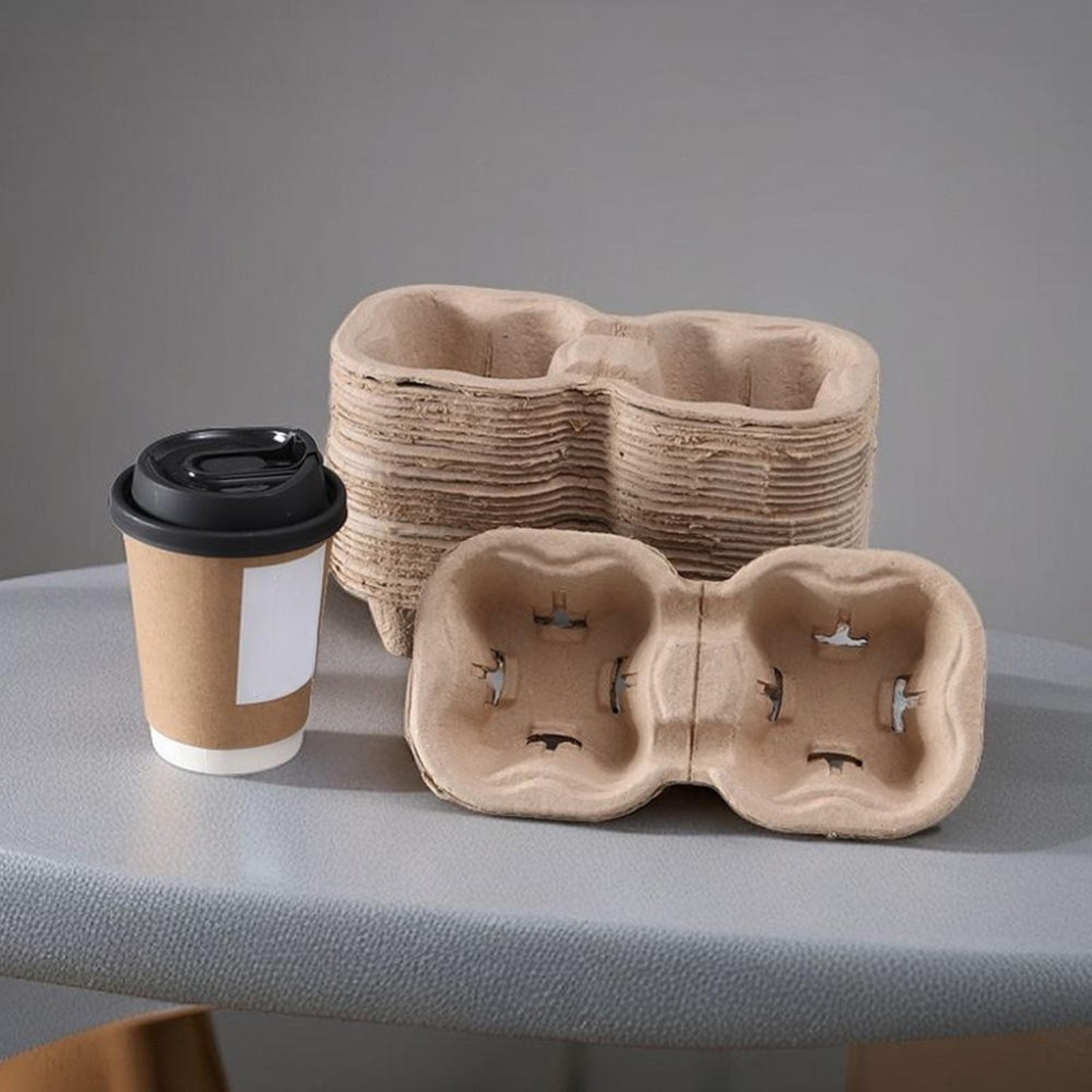 2-Cup Disposable Drink Holders, Biodegradable Paper Pulp Stackable To-Go Trays, Durable Coffee Cup Carrier for Food Delivery Service (21.5x11x4cm)