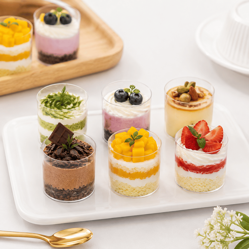 2.4oz Mini Dessert Shooter Cups | Clear Round PS Parfait Cup 70ml - with dessert