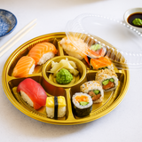 2119_PET_12_Golden_Round_Container_W_Clear_Lid_5_Compartment with sushi