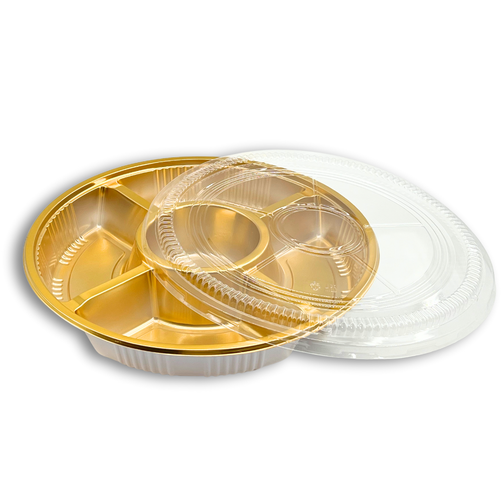 #2120 PET | 12.6" Golden Round Container W/ Clear Lid | 5 Compartment - open