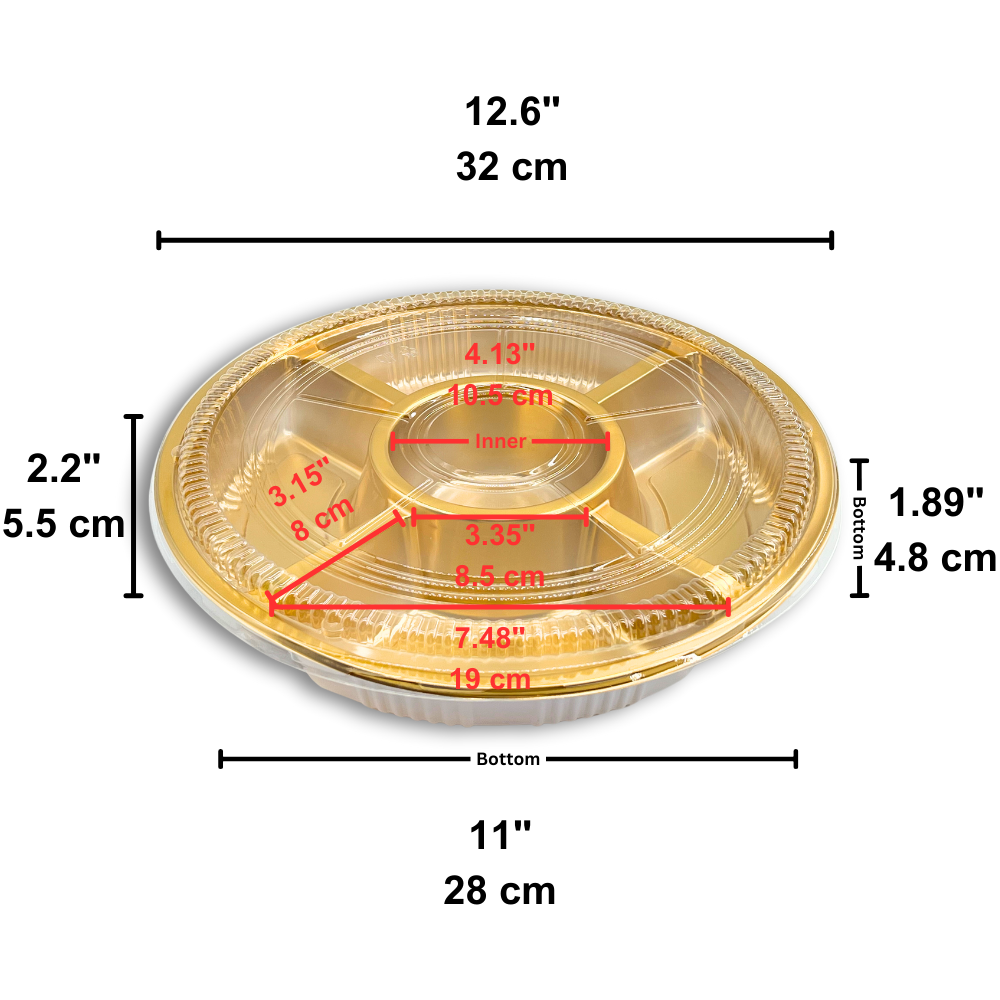 #2120 PET | 12.6" Golden Round Container W/ Clear Lid | 5 Compartment - size