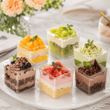 2.4oz Mini Dessert Shooter Cups | Clear Square PS Parfait Cup - with dessert