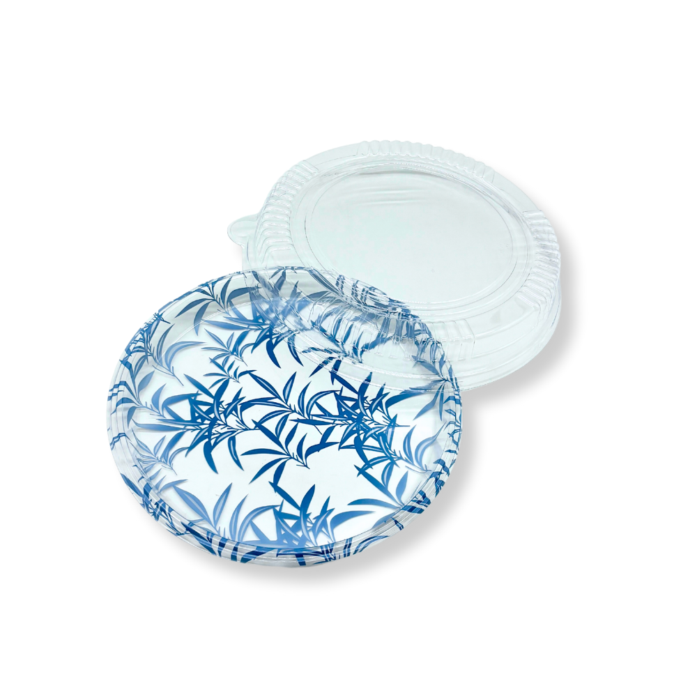#2201 PET | 10" Blue Maple Pattern Round Sushi Party Tray W/ Lid-open