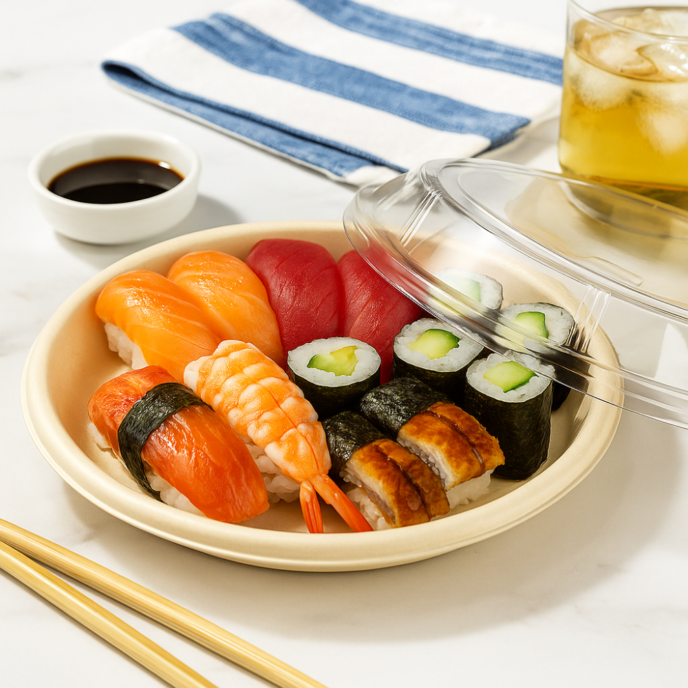 #2201 | 10" Sugarcane Sushi Party Tray W/ PET Lid