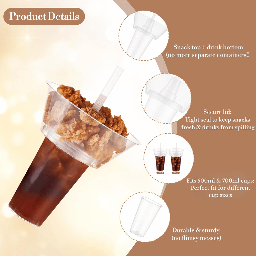 22oz 2-in-1 Clear PP Snack Cup Topper Trays W/ Straw Hole | Fit 90mm Cup - feature