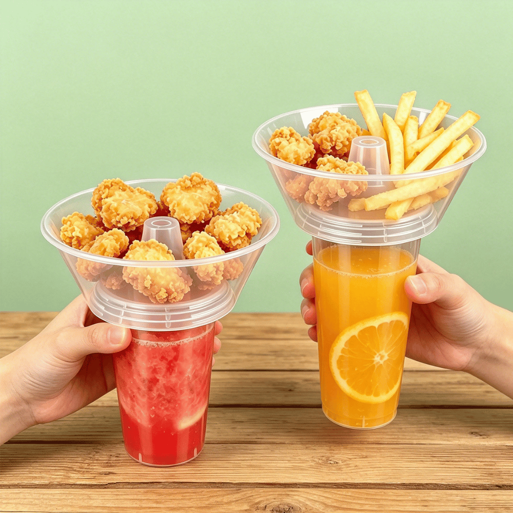 22oz 2-in-1 Clear PP Snack Cup Topper Trays W/ Straw Hole | Fit 90mm Cup - with cups and snack and drink