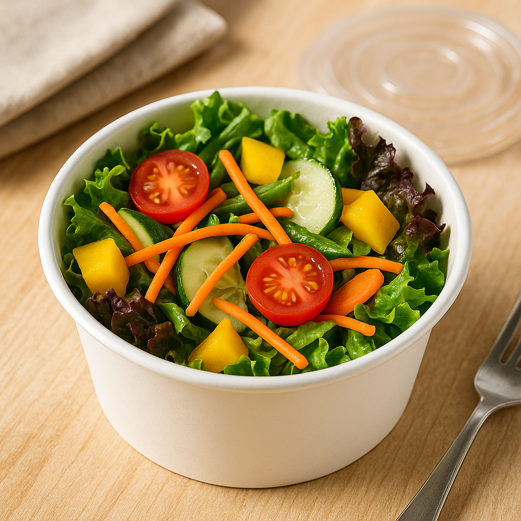 250P | 8oz Microwaveable PP White Round Bowl (Base Only) with salad