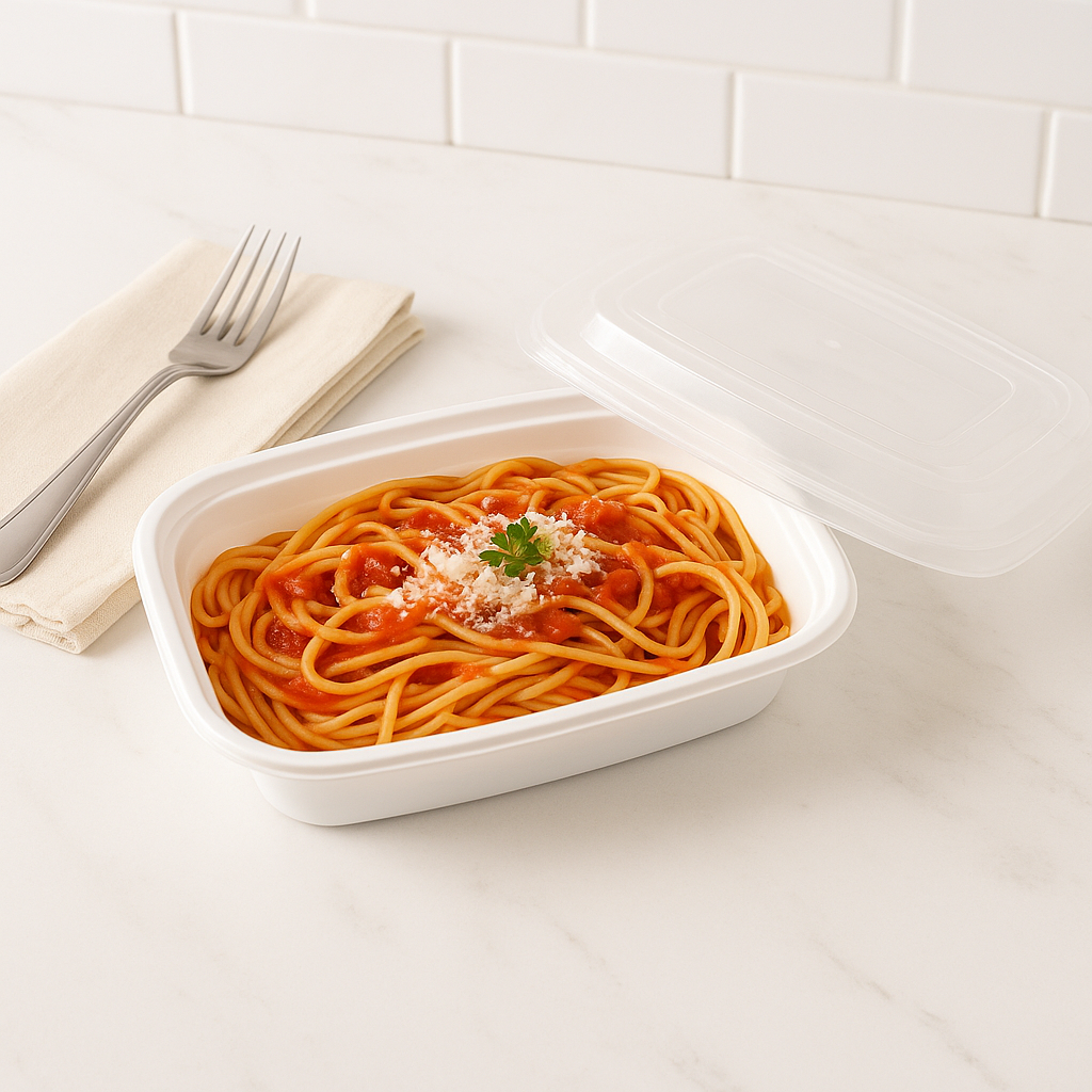 28oz Microwaveable PP White Rectangular Container with pasta