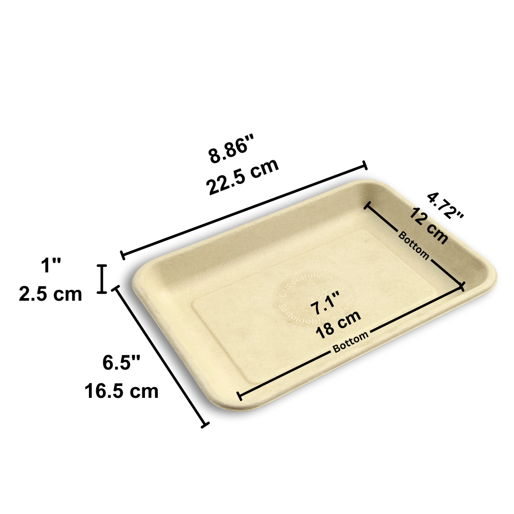2D Compostable Rectangular Sugarcane Tray | Bagasse Plate | 8.86x6.5x1"-SIZE