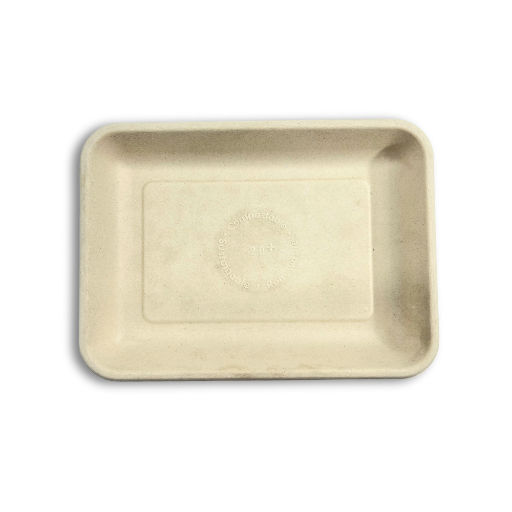 2D Compostable Rectangular Sugarcane Tray | Bagasse Plate | 8.86x6.5x1"-top