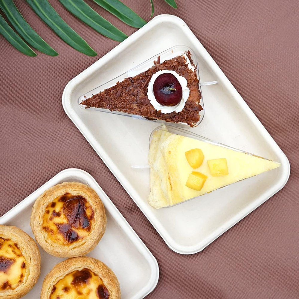 2D Compostable Rectangular Sugarcane Tray | Bagasse Plate | 8.86x6.5x1"-with dessert