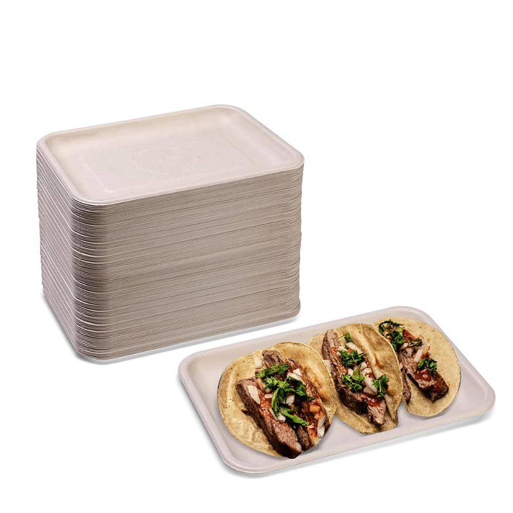 2D Compostable Rectangular Sugarcane Tray | Bagasse Plate | 8.86x6.5x1"