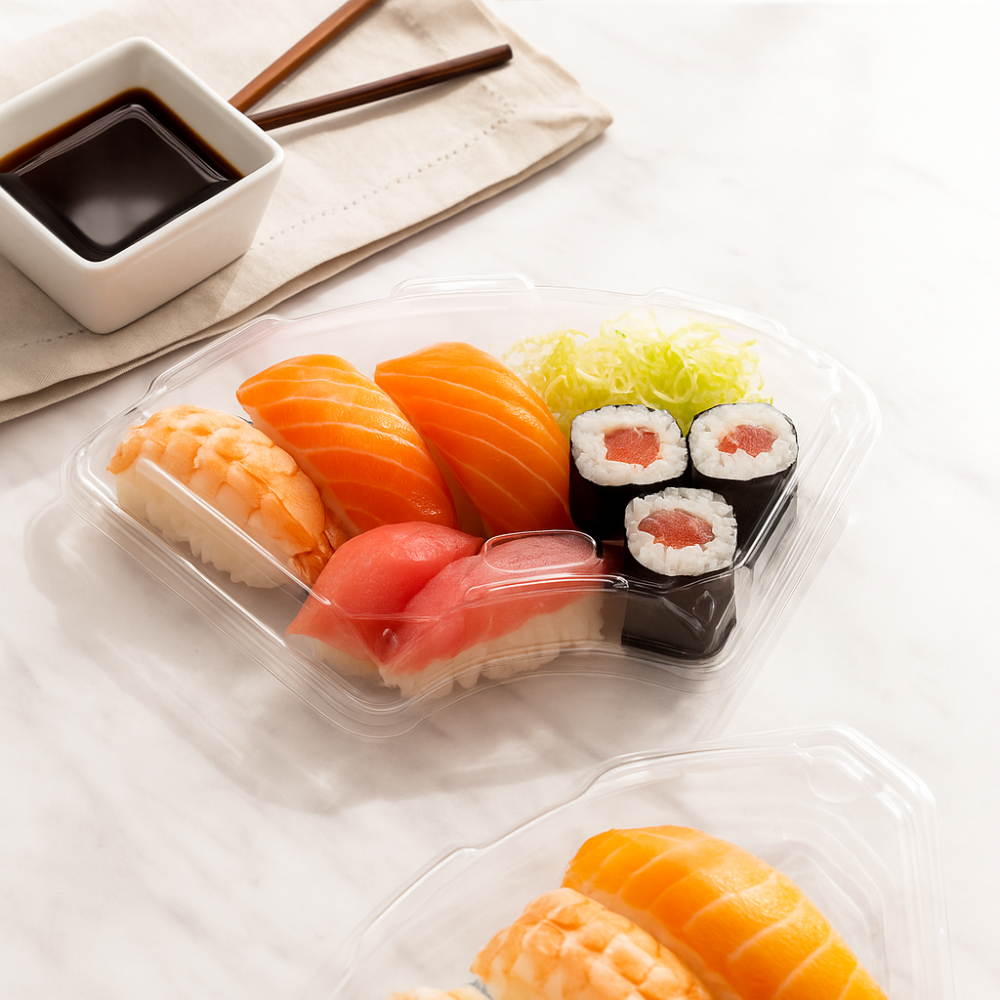 3102_PET_Lid_Clear_Fan-Shaped_Lid_Fit_3102_Sushi_Tray_Lid_Only with sushi