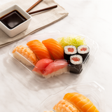 3102_PET_Lid_Clear_Fan-Shaped_Lid_Fit_3102_Sushi_Tray_Lid_Only with sushi
