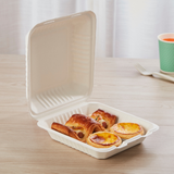 HD-B036 | Sugarcane Clamshell Food Container | 8x8x3" -open with food