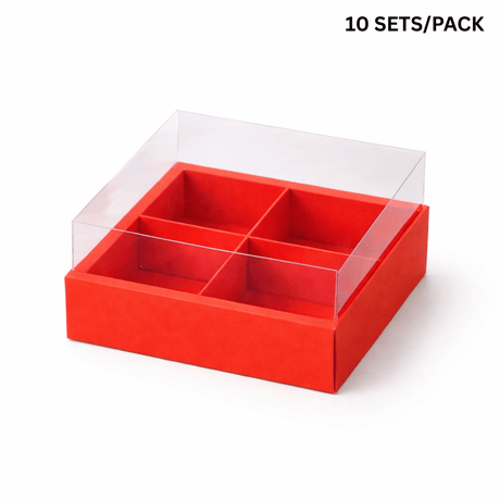 4-Gird Red Dessert Box W/ Clear Lid | 7.85x7.85x4" - 10 SETS