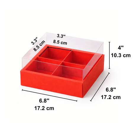 4-Gird Red Dessert Box W/ Clear Lid | 7.85x7.85x4" - SIZE