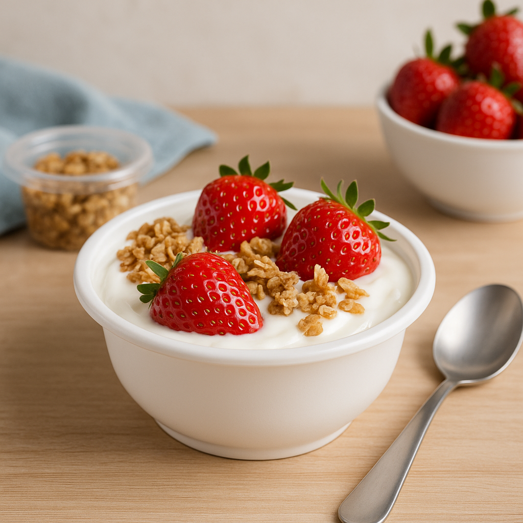 400FBM | 14oz Microwaveable PP White Round Bowl (Base Only) with yogurt and strawberries