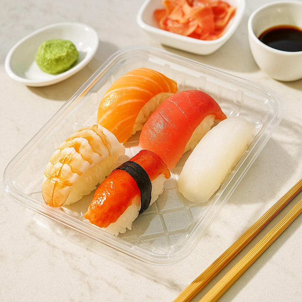 4S_PET_Clear_Sushi_Tray_Meat_Tray_8.5x6.75x0.75 with sushi