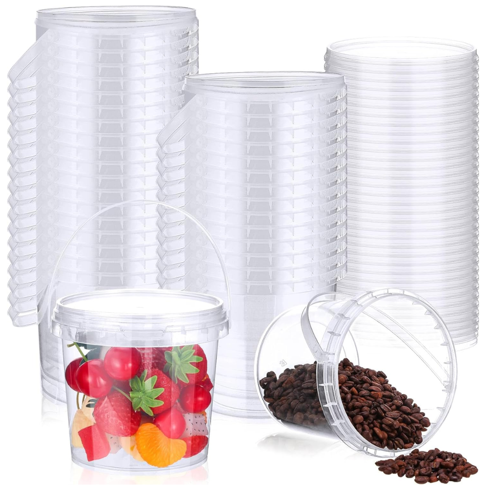 Seau rond de conservation des aliments pour desserts en PP transparent de 50 oz avec couvercle et poignée - 100 ensembles