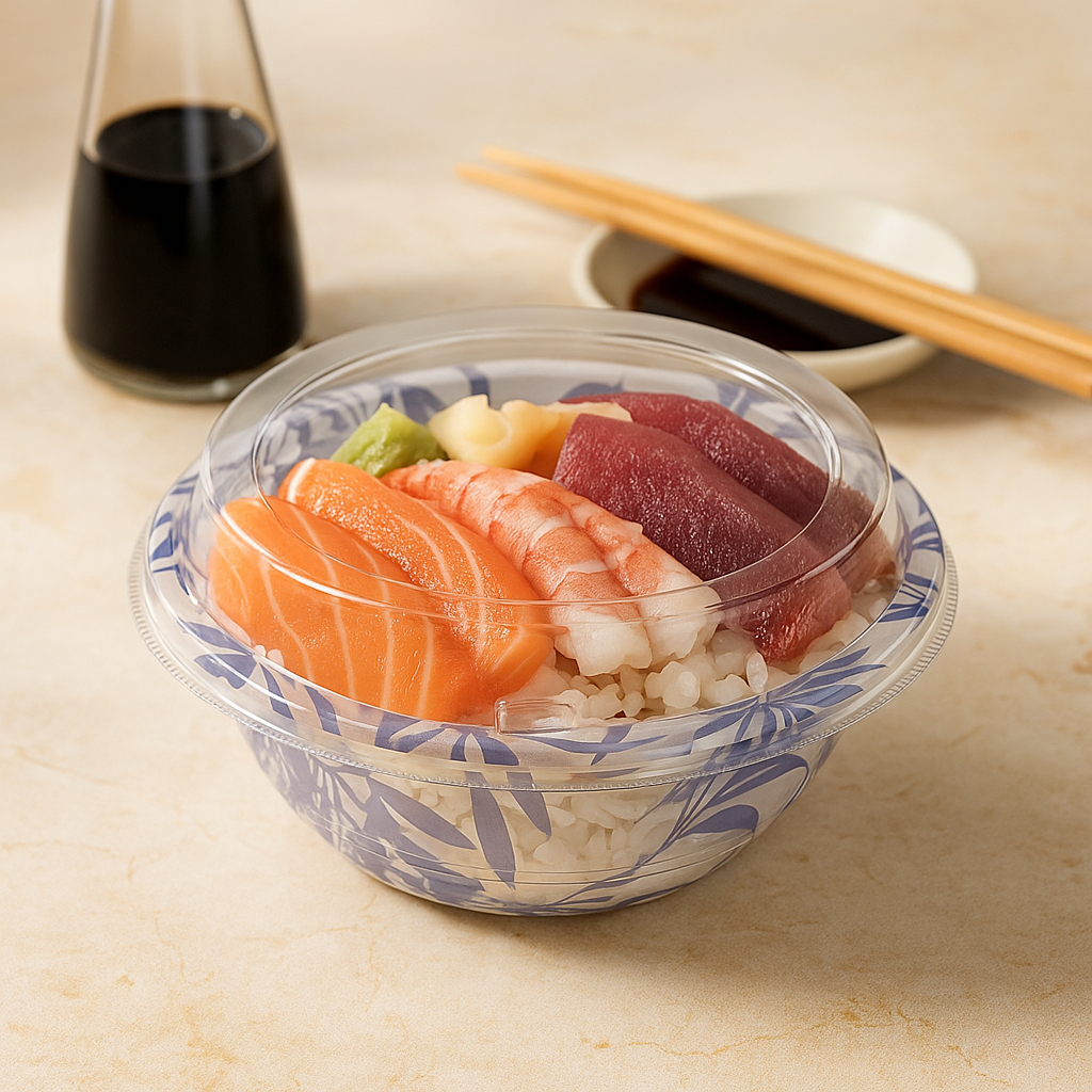 550_18oz_PP_Blue_Maple_Donburi_Bowl_W_PET_Clear_Lid with sushi
