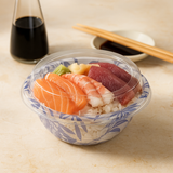 550_18oz_PP_Blue_Maple_Donburi_Bowl_W_PET_Clear_Lid with sushi