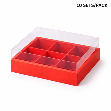 6-Gird Red Dessert Box W/ Clear Lid | 9.8x6.7x4" - 10 sets