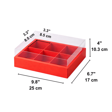 6-Gird Red Dessert Box W/ Clear Lid | 9.8x6.7x4" - size