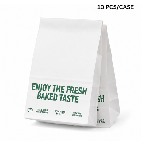 White paper bag with green text on a white background