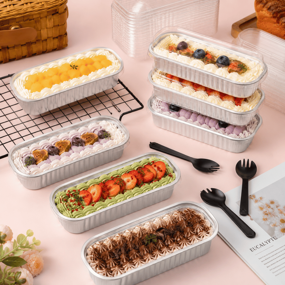 6oz Silver Aluminum Foil Mini Loaf Baking Pan W/ Clear High Lid -with dessert