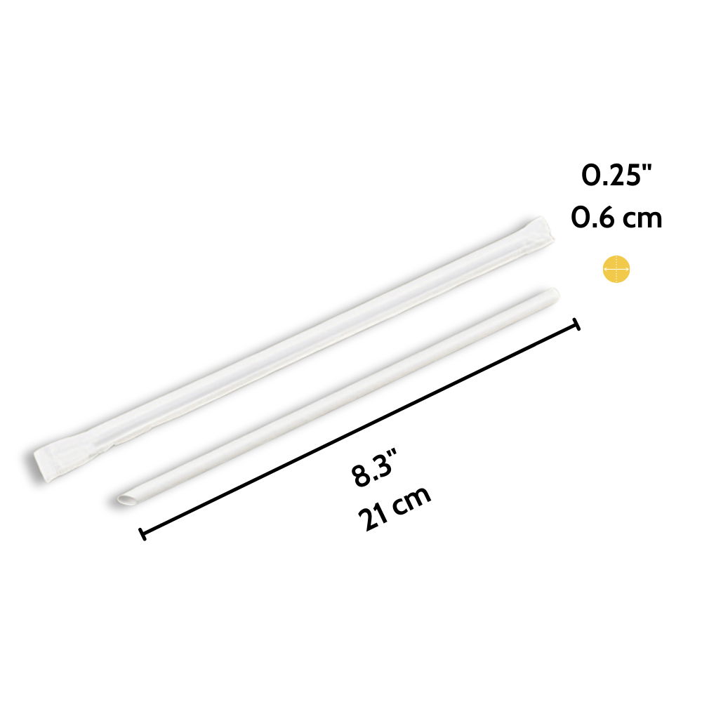 Size specifications for 6x210mm diagonal cut white paper straw showing dimensions and individually wrapped packaging