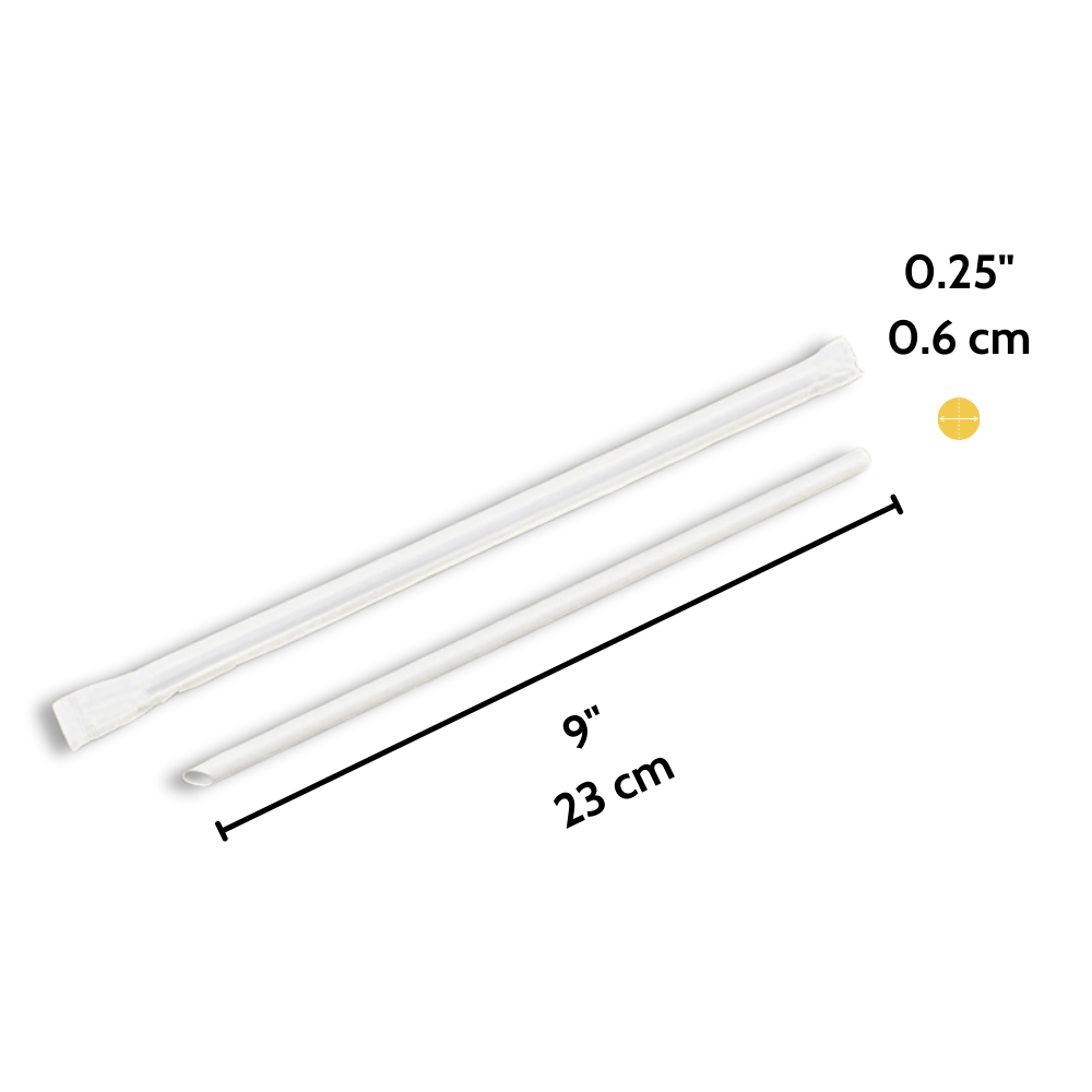 Size specifications for 6x230mm diagonal cut white paper straw showing dimensions and individually wrapped packaging