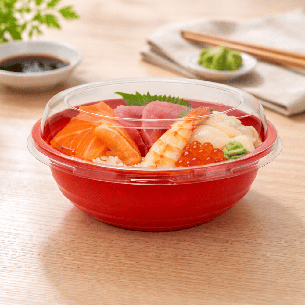 #700 | 24oz PP Red Donburi Bowl W/ PET Clear Lid - WITH DONBURI