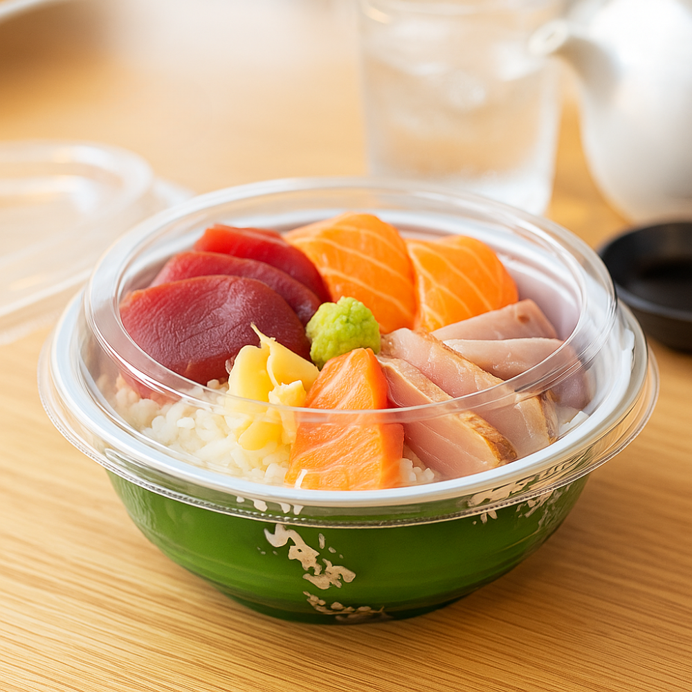 700_24oz_Microwaveable_Green_Donburi_Bowl_W_Lid with sushi