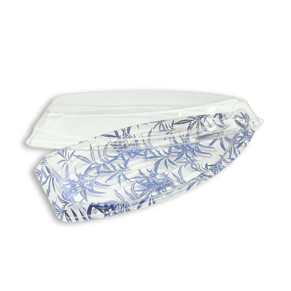 #7102 PET | Blue Maple Pattern Boat Sushi Tray W/ Lid | 15.5x7.87x2.55"-open