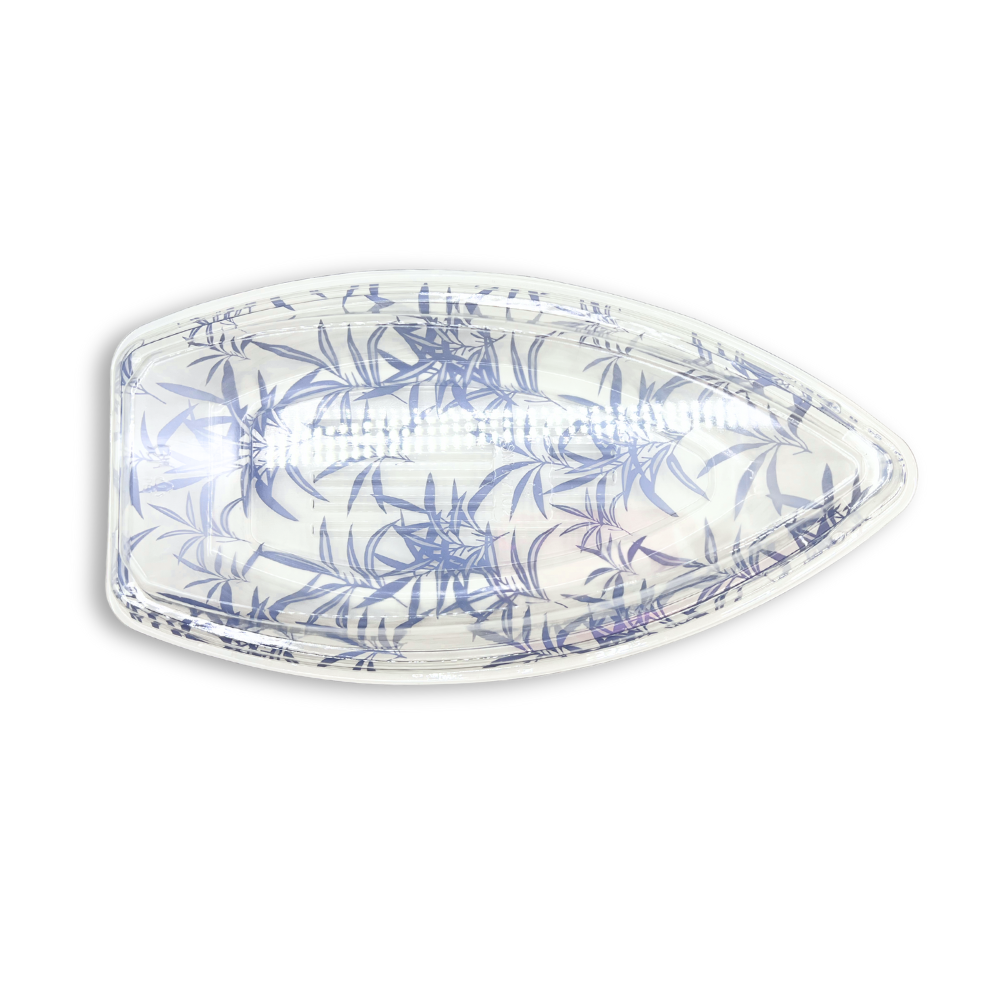 #7102 PET | Blue Maple Pattern Boat Sushi Tray W/ Lid | 15.5x7.87x2.55"-top