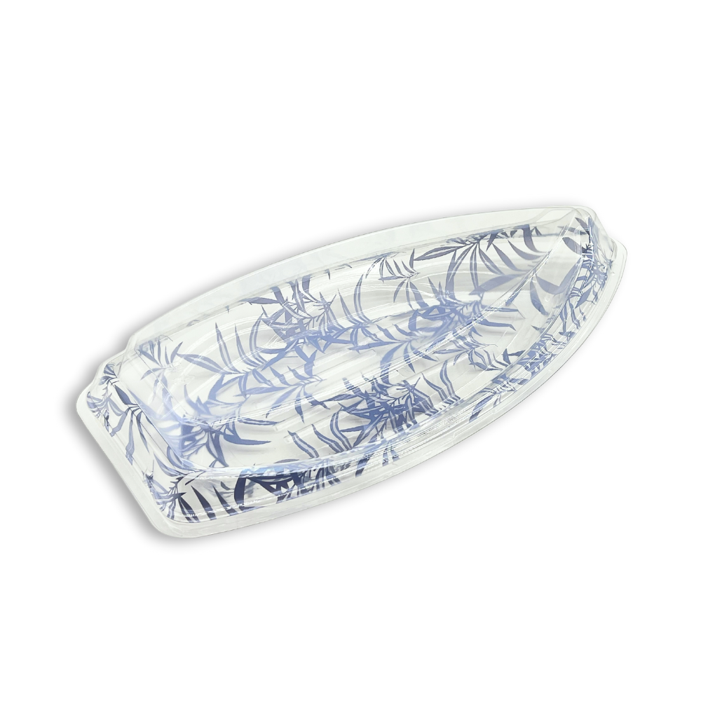 #7102 PET | Blue Maple Pattern Boat Sushi Tray W/ Lid | 15.5x7.87x2.55"