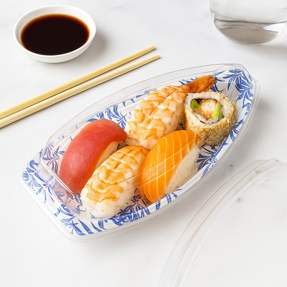 7102_PET_Blue_Maple_Pattern_Boat_Sushi_Tray_W_Lid_15.5x7.87x2.55 with sushi