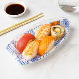 7102_PET_Blue_Maple_Pattern_Boat_Sushi_Tray_W_Lid_15.5x7.87x2.55 with sushi