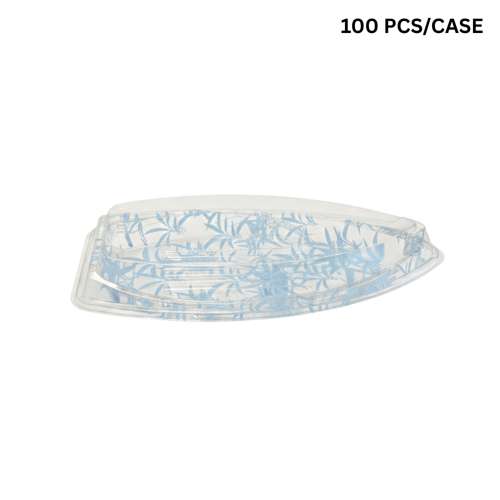 #7103 PET | Blue Maple Pattern Boat Sushi Tray W/ Lid | 18.3x9.25x2.75" - 100 pcs