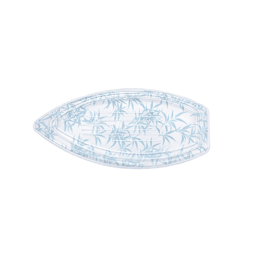 #7103 PET | Blue Maple Pattern Boat Sushi Tray W/ Lid | 18.3x9.25x2.75" - top