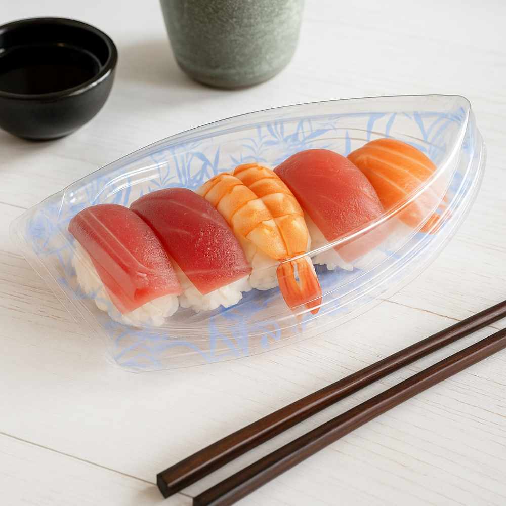 #7103 PET | Blue Maple Pattern Boat Sushi Tray W/ Lid | 18.3x9.25x3" with sushi