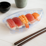 #7103 PET | Blue Maple Pattern Boat Sushi Tray W/ Lid | 18.3x9.25x3" with sushi