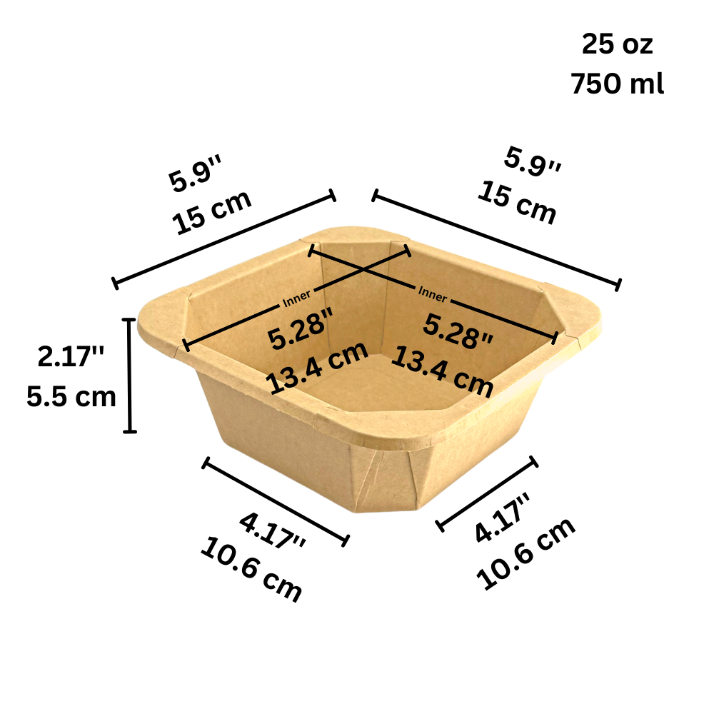 #750S | 25oz Kraft Square Paper Container | 134x134mm Top (Base Only) - size