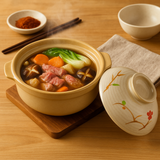 #774148 | 6.7" Shallow Clay Sand Pot | Donabe Hotpot for Stove & Oven - with food