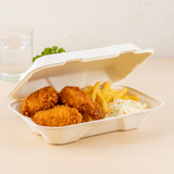 #80415 Sugarcane Clamshell Food Container with chicken wings and fries