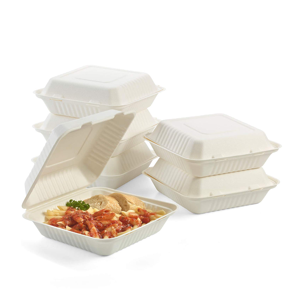 B026H | Sugarcane Square Clamshell Food Container | 8x8x3" - 200 Pcs